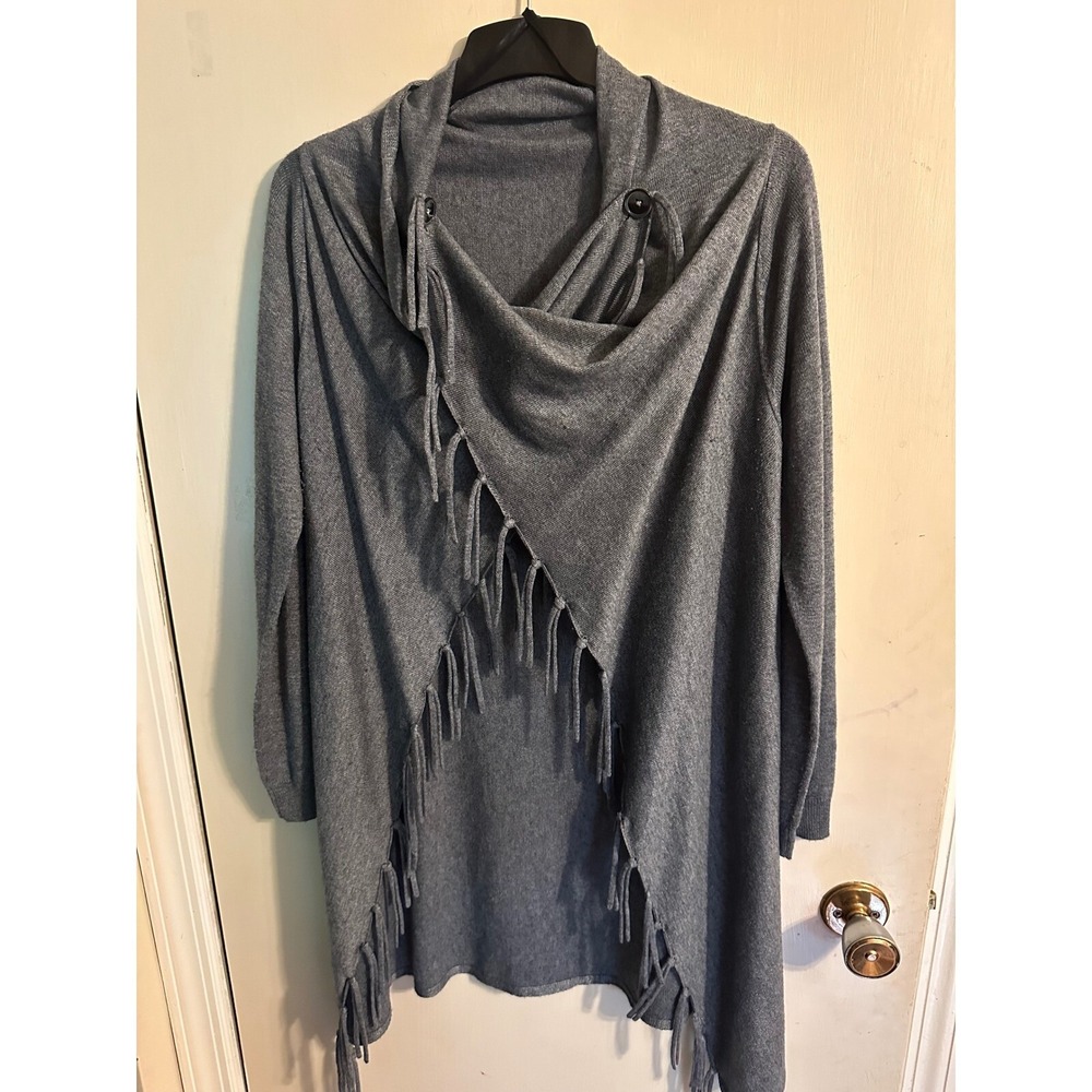 Carré Noir Fringe Cardigan Boho Draped Open Front Knit‎ Gray Small